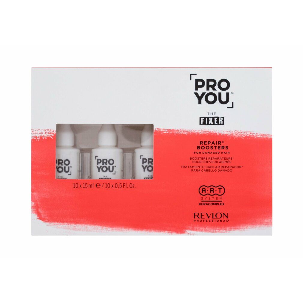 Boîte Revlon Proyou The Fixer Booster avec trois flacons. Inscription: Repair Boosters for damaged hair.