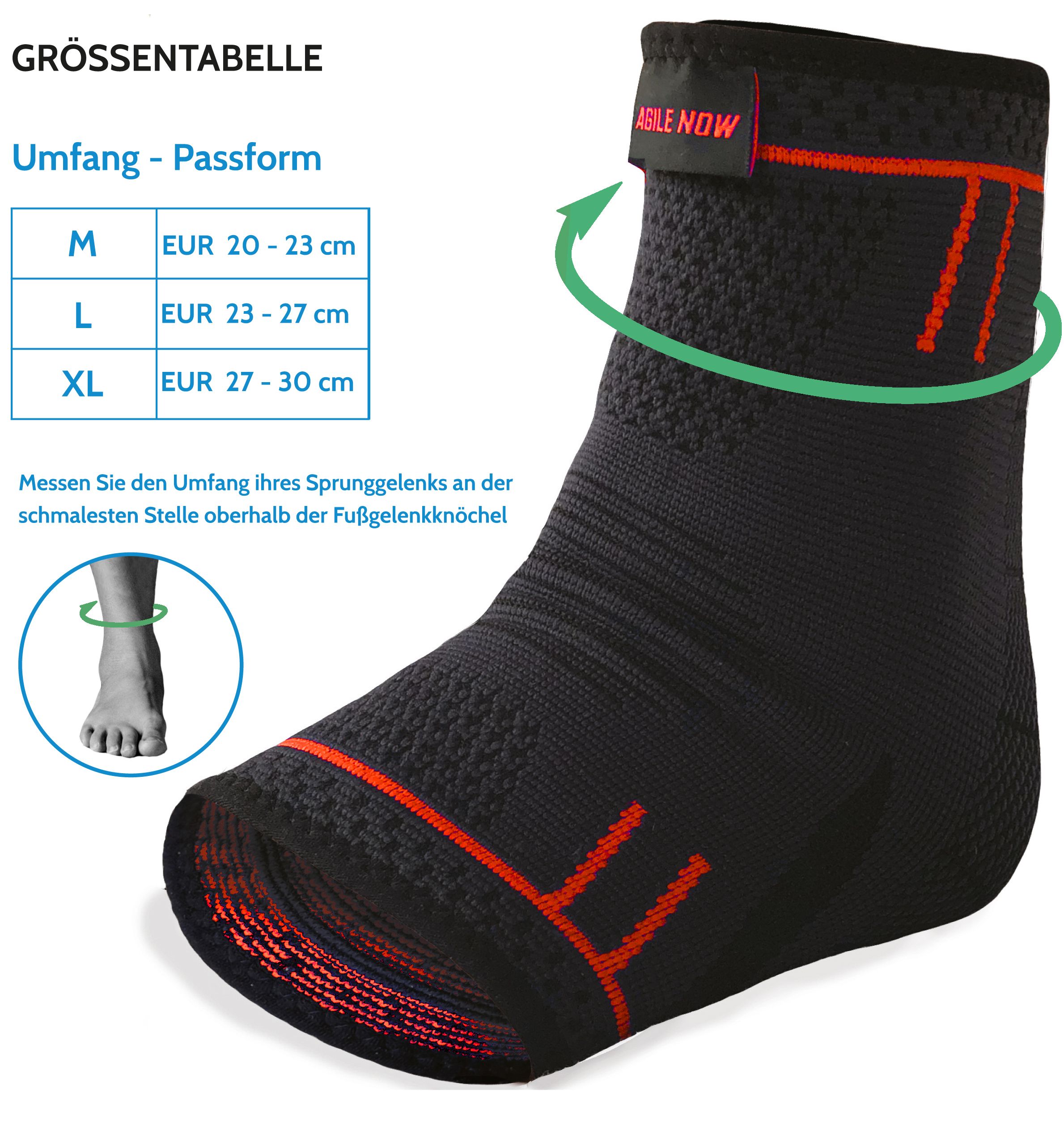 Zwarte enkelbrace met rode accenten. Tekst: AGILE NOW. Maattabel: M, L, XL. Enkelomtrek meten.