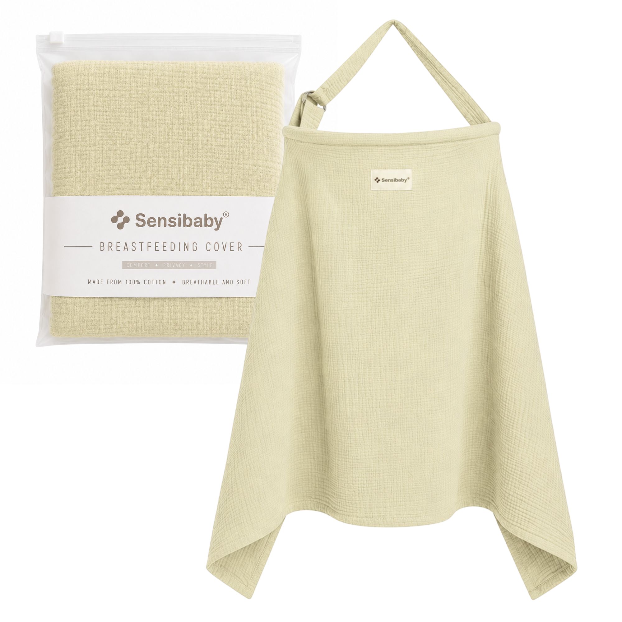 Tissu d'allaitement beige en coton double épaisseur, réglable, avec sangle de cou. Emballage inclus.