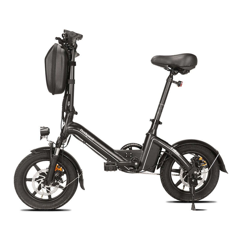 Zwarte e-bike met zadel, wielen, koplamp en bagagerek. Merk Bodywel.