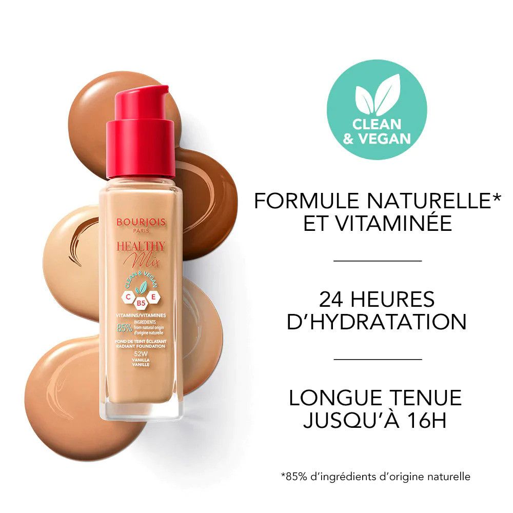 Fond de teint Bourjois Healthy Mix et échantillons de couleurs. Flacon rouge. Inscription: Healthy Mix. Teintes beiges.
