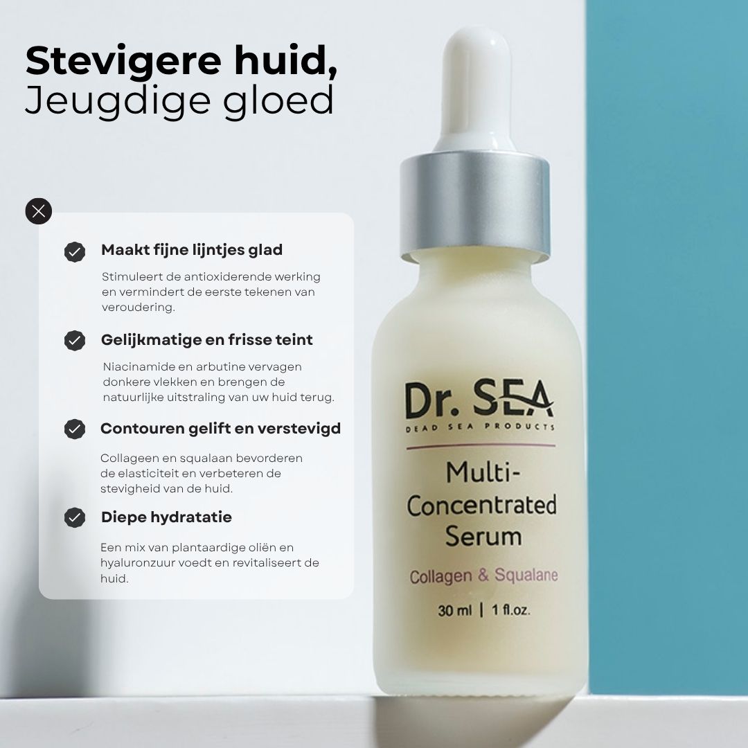 Serumfles met tekst. Opschrift: Dr. SEA, Multi-Concentrated Serum, Collagen & Squalane. 30 ml | 1 fl.oz. Tekst over ingrediënten.