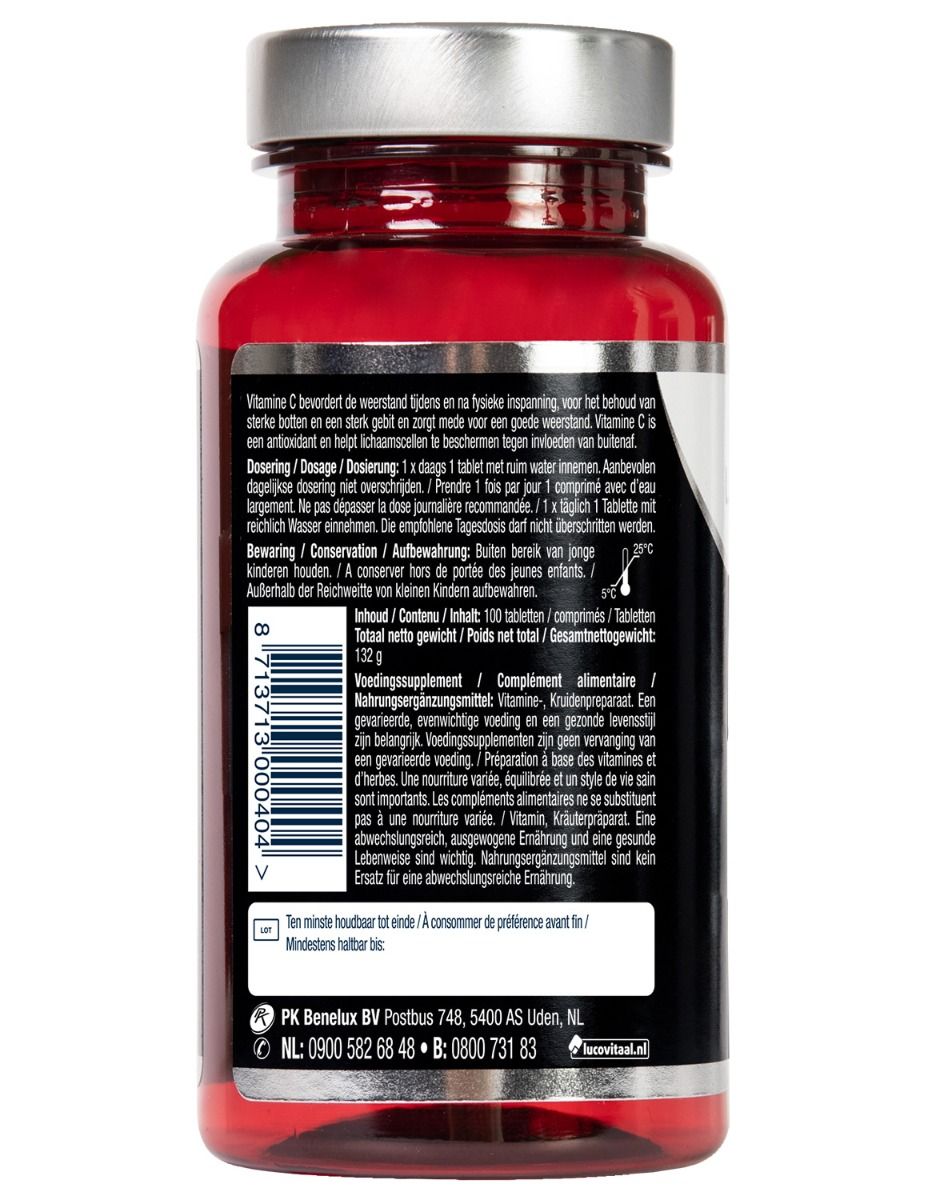 Dos d'un flacon rouge avec texte en allemand, français et néerlandais. Contient des informations sur les ingrédients et le dosage.