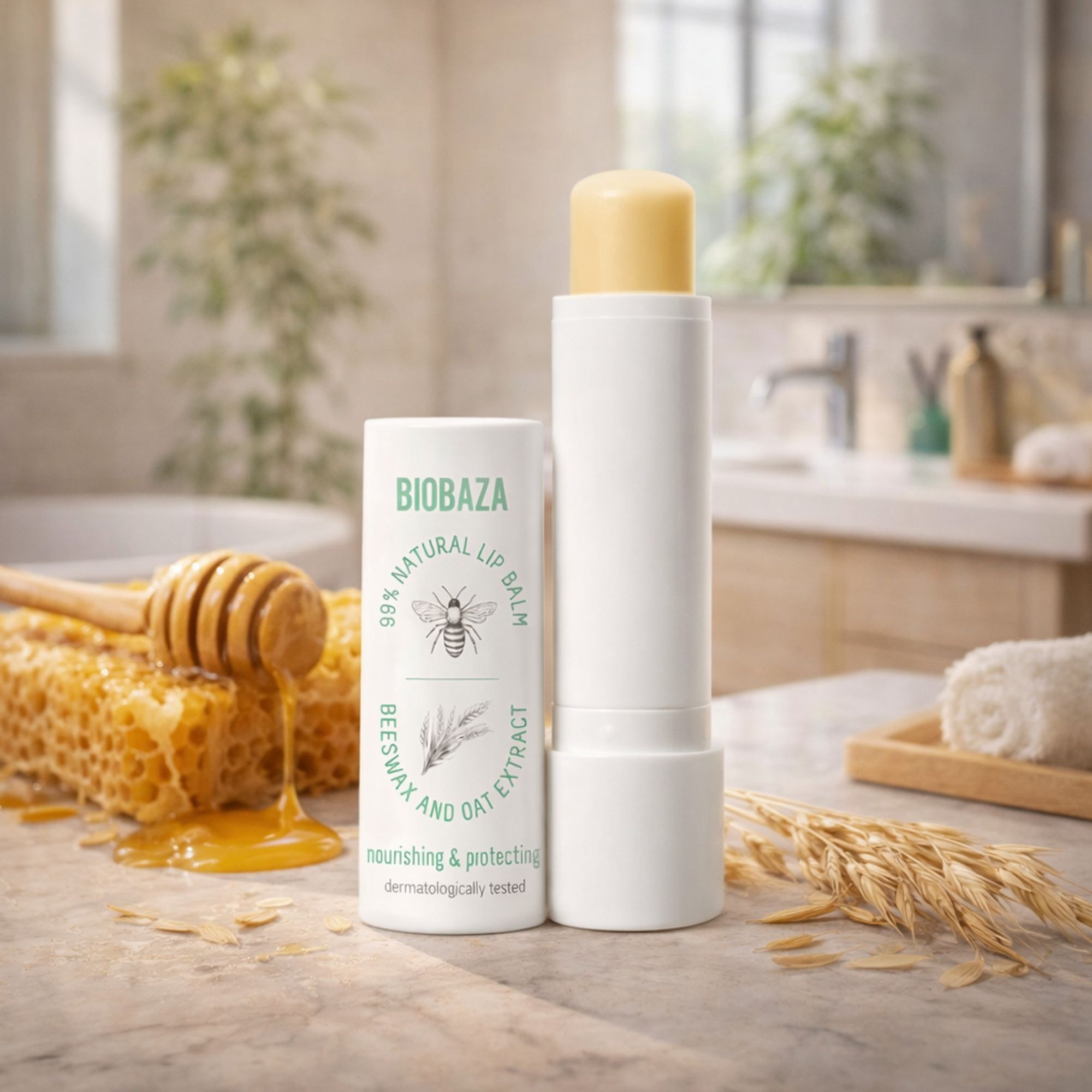 Bâton de baume à lèvres blanc à côté d'un rayon de miel, de miel et d'épis d'avoine. Le bâton porte l'inscription "BIOBAZA", "99% NATURAL LIP BALM" et "BEESWAX AND OAT EXTRACT".