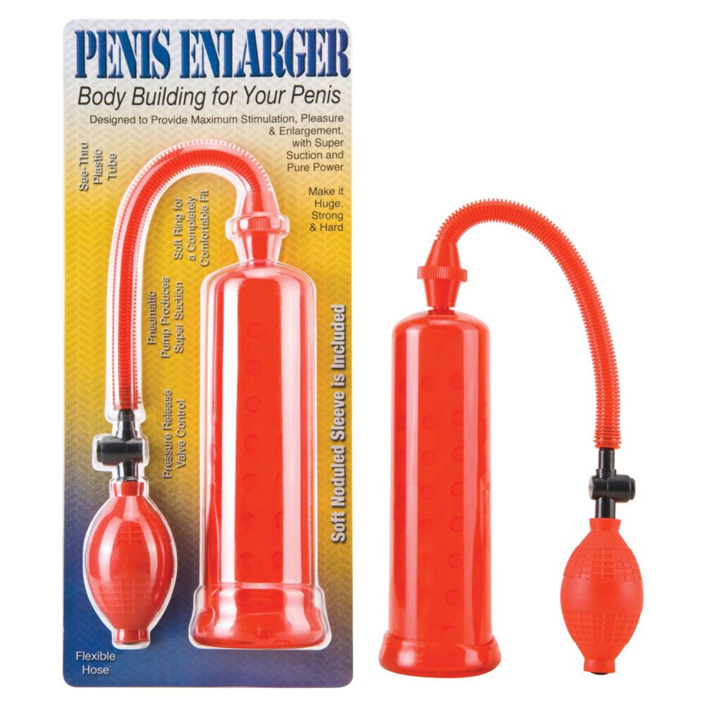 Pompe agrandisseur de pénis rouge avec tuyau et pompe à ballon, emballée et séparée.