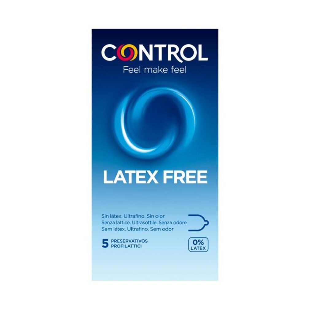 Boîte de préservatifs Control Latex Free, 5 unités. Design bleu avec symbole circulaire.