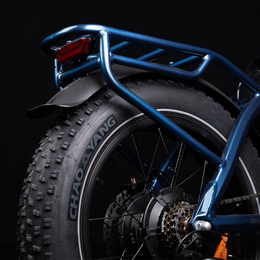 Gros plan sur la roue arrière d'un vélo électrique bleu. Pneu noir avec inscription CHAO YANG. Porte-bagages et feu arrière.