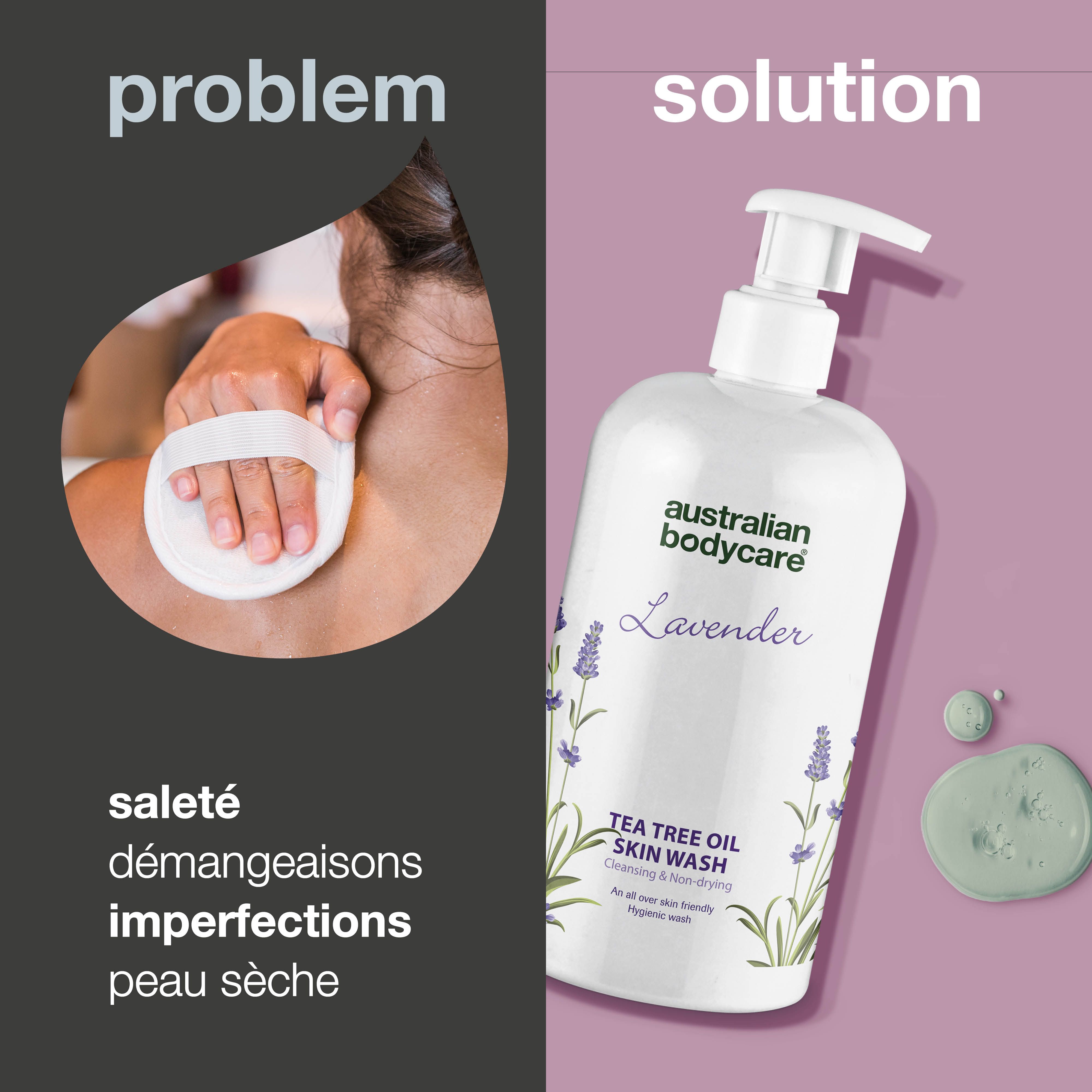 Comparaison: problème (peau) vs. solution (gel douche). Flacon avec pompe, crème verte.
