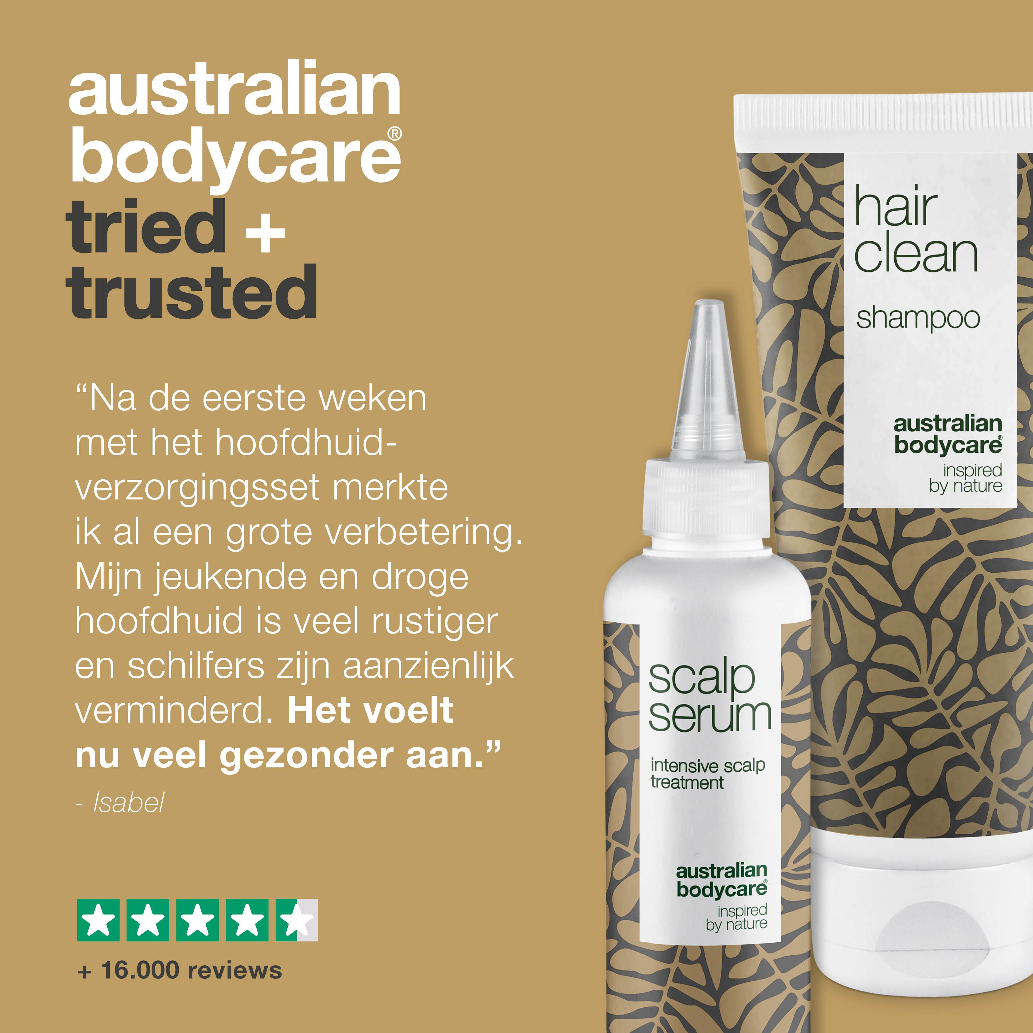 Australian Bodycare: huidverzorging sinds 1990. Foto's van blije klanten. Producten: shampoo en serum.