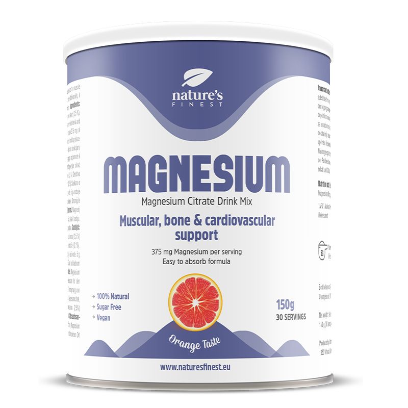Boîte cylindrique "Nature's Finest Magnesium". Magnesium Citrate Drink Mix. Goût orange. 150g, 30 portions. Végétalien, sans sucre, naturel.