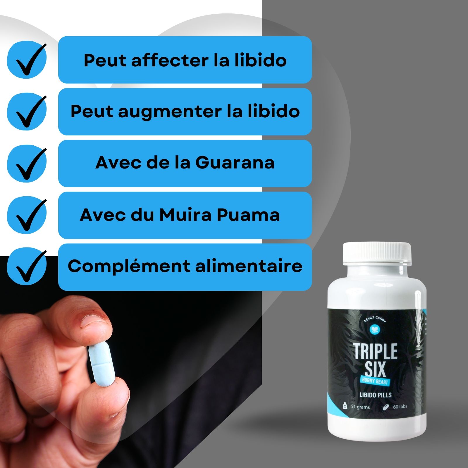 Flacon "Triple Six" Libido Pills et pilule bleue. Texte: Peut affecter la libido, avec Guarana.