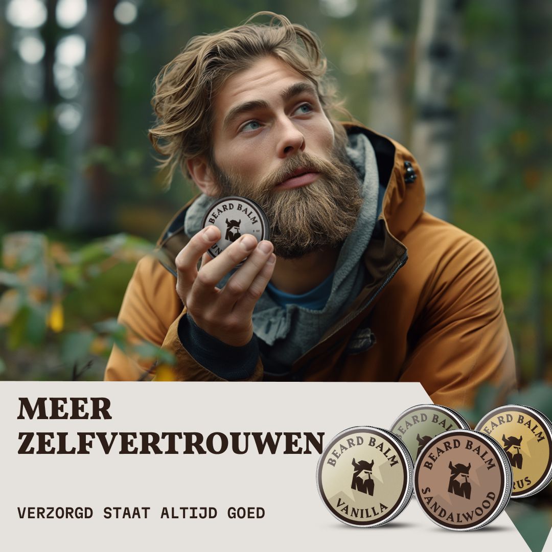 Man met baard houdt blik baardbalsem vast, vier blikken op achtergrond.