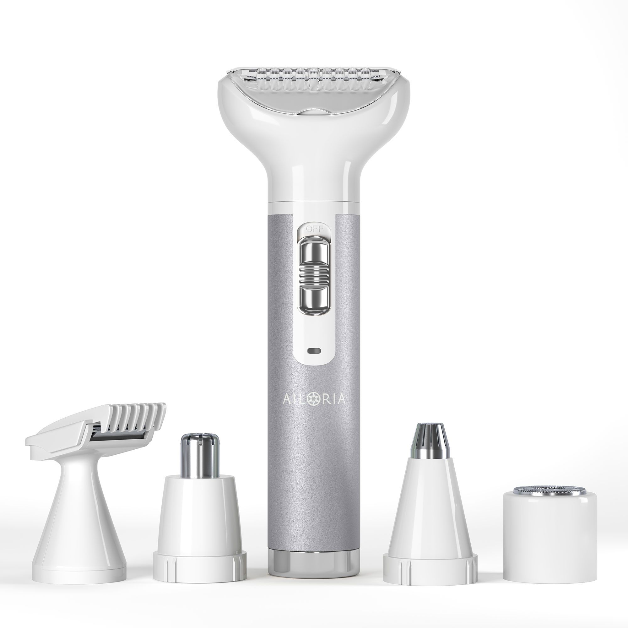 Scheerapparaat met zilverkleurig handvat en verschillende opzetstukken. Opzetstukken voor bikinilijn, neus, lichaam, wenkbrauwen en gezicht.