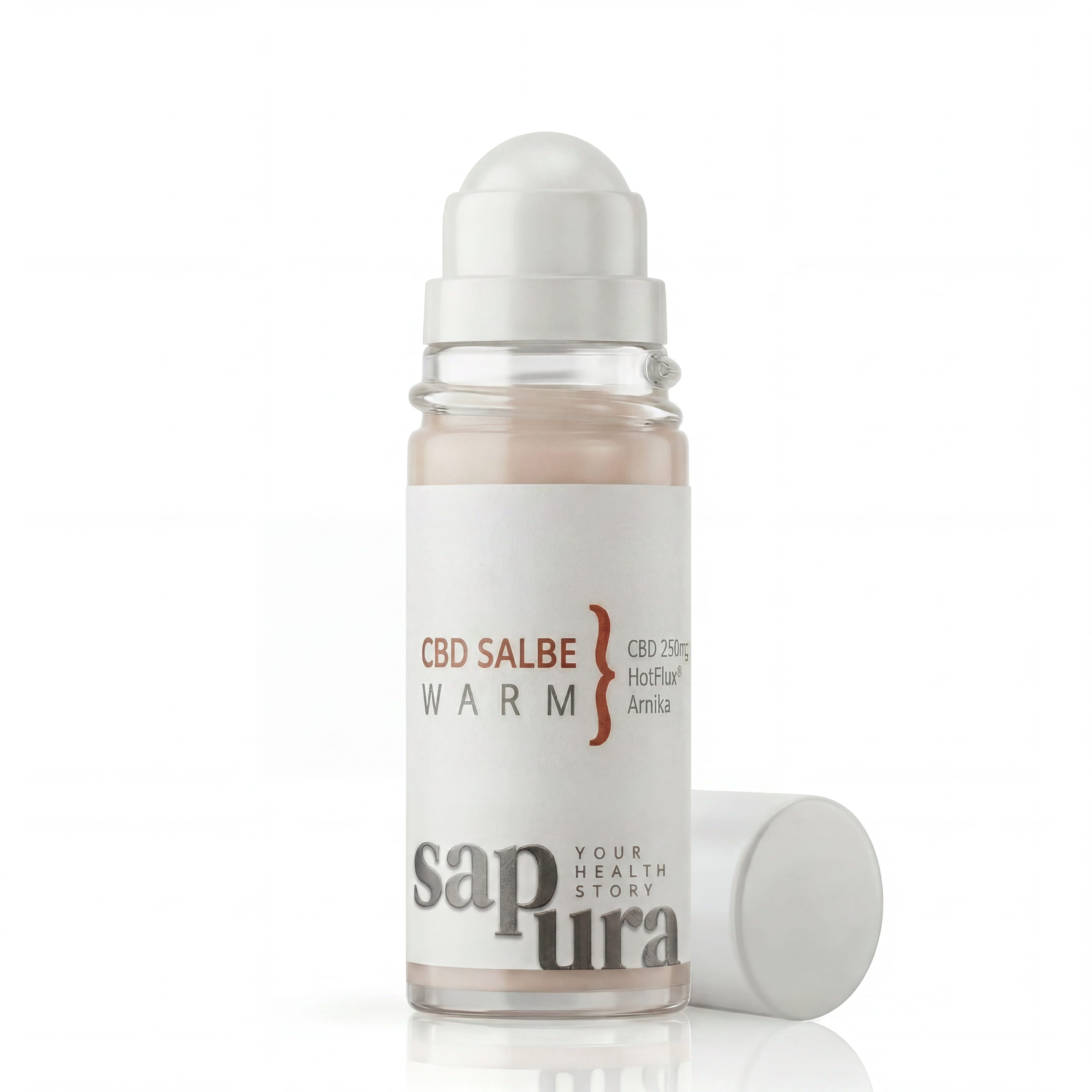Flacon roll-on de baume CBD Chaud avec applicateur et bouchon blancs. Étiquette avec logo SAPURA et informations produit.
