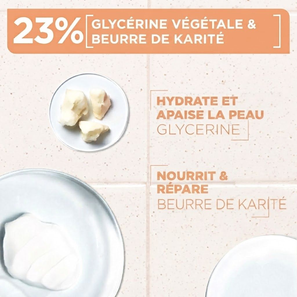 23% glycérine végétale & beurre de karité. Hydrate, apaise, nourrit et répare la peau.