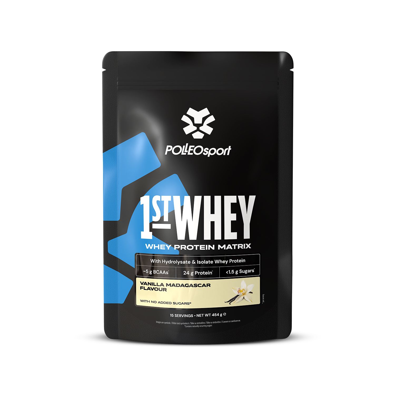 Sachet noir "1ST:WHEY". Contient une matrice de protéines de lactosérum. Saveur Vanille Madagascar. Sans sucre ajouté.