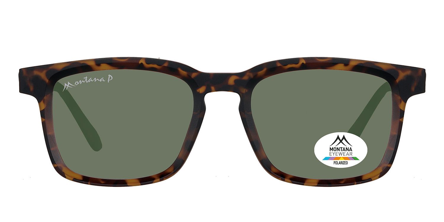 Lunettes de soleil marron et verres verts. Logo Montana Eyewear et autocollant Polarized. Forme carrée.