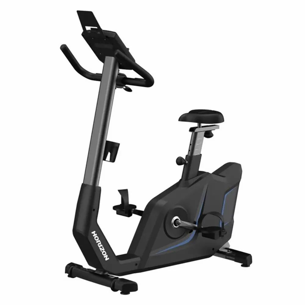 Ergomètre Horizon Fitness 5.0Ui noir, vue latérale. Avec écran, pédales, selle et logo Horizon.