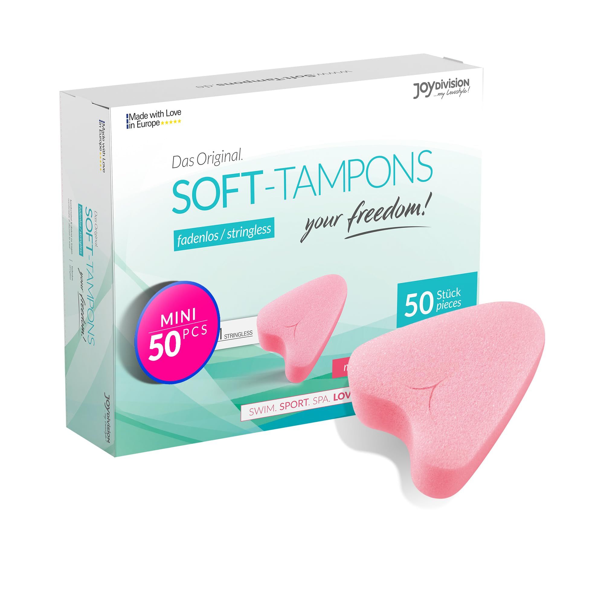 Boîte de Soft Tampons mini, 50 pièces. Un tampon est rose et en forme de cœur.