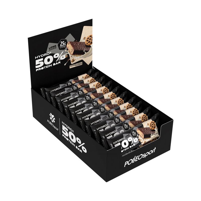 Zwarte doos met eiwitrepen. Opschrift: Hydrox 50% Protein Bar, 25g eiwit. PolleoSport logo.
