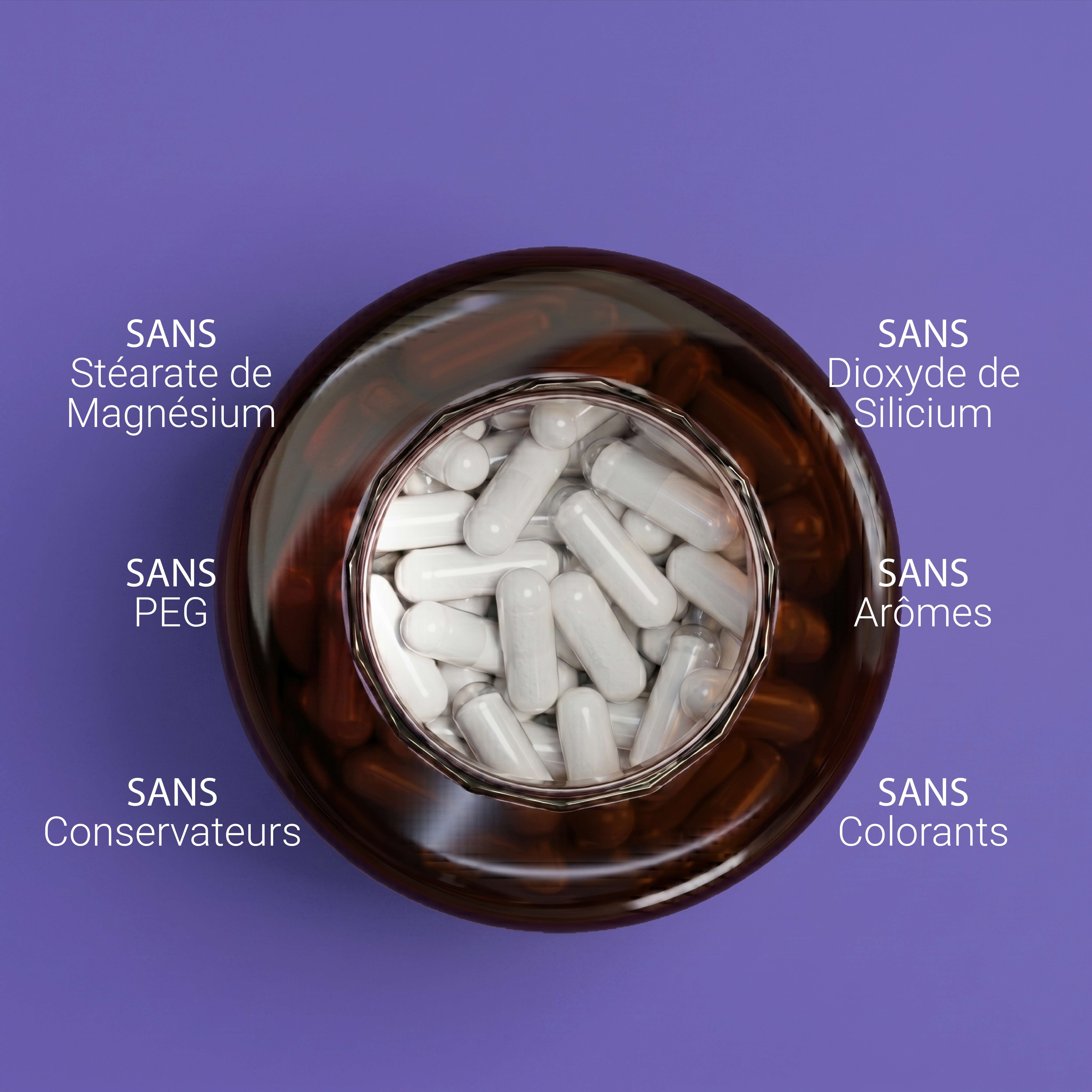 Flacon de pilules marron avec des capsules blanches, sans stéarate de magnésium, PEG, conservateurs, dioxyde de silicium, arômes, colorants.