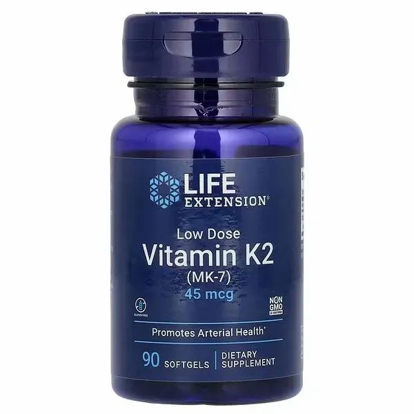 Flacon bleu de compléments alimentaires à la vitamine K2. Inscription : LIFE EXTENSION, Vitamine K2 (MK-7) 45 mcg, 90 gélules.