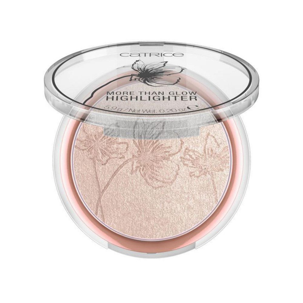 Highlighter Catrice dans un emballage rond, ouvert. Couvercle transparent, bord rose. Motif floral.