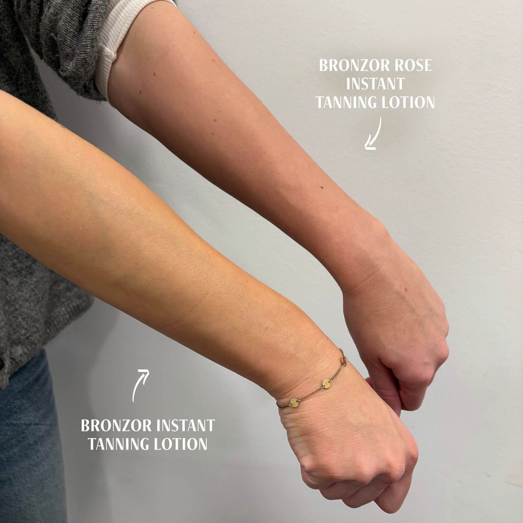 Armen met gebruinde huid. Tekst: Bronzor Instant Tanning Lotion en Bronzor Rose Instant Tanning Lotion.