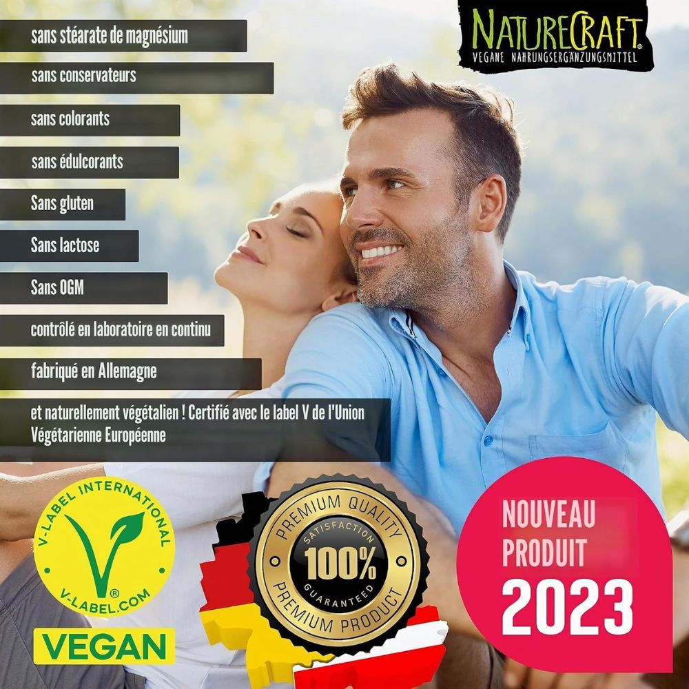 Couple à l'extérieur, entouré de texte sur les caractéristiques du produit NatureCraft Vegan Basics.