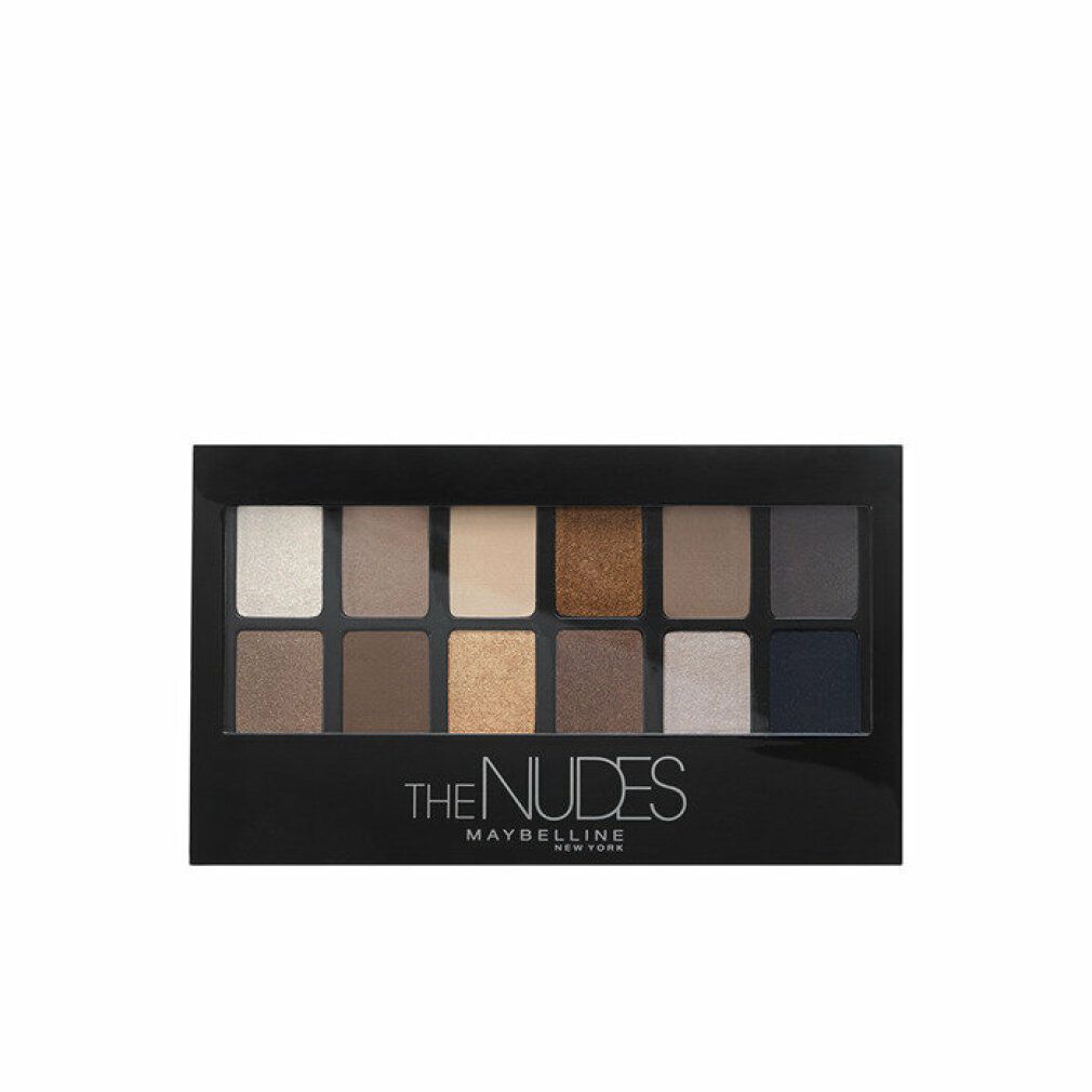 Palette de fards à paupières avec 12 teintes. Emballage noir. Inscription : THE NUDES MAYBELLINE New York.