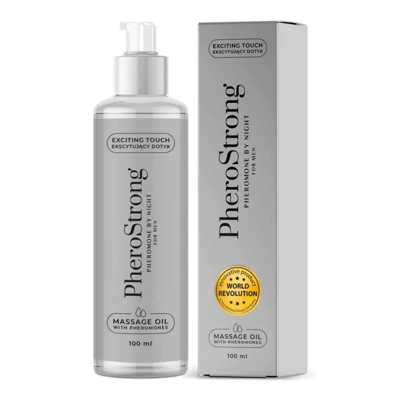PheroStrong massageolie fles met pompdos en omdoos. Fris-houtige olie met feromonen.
