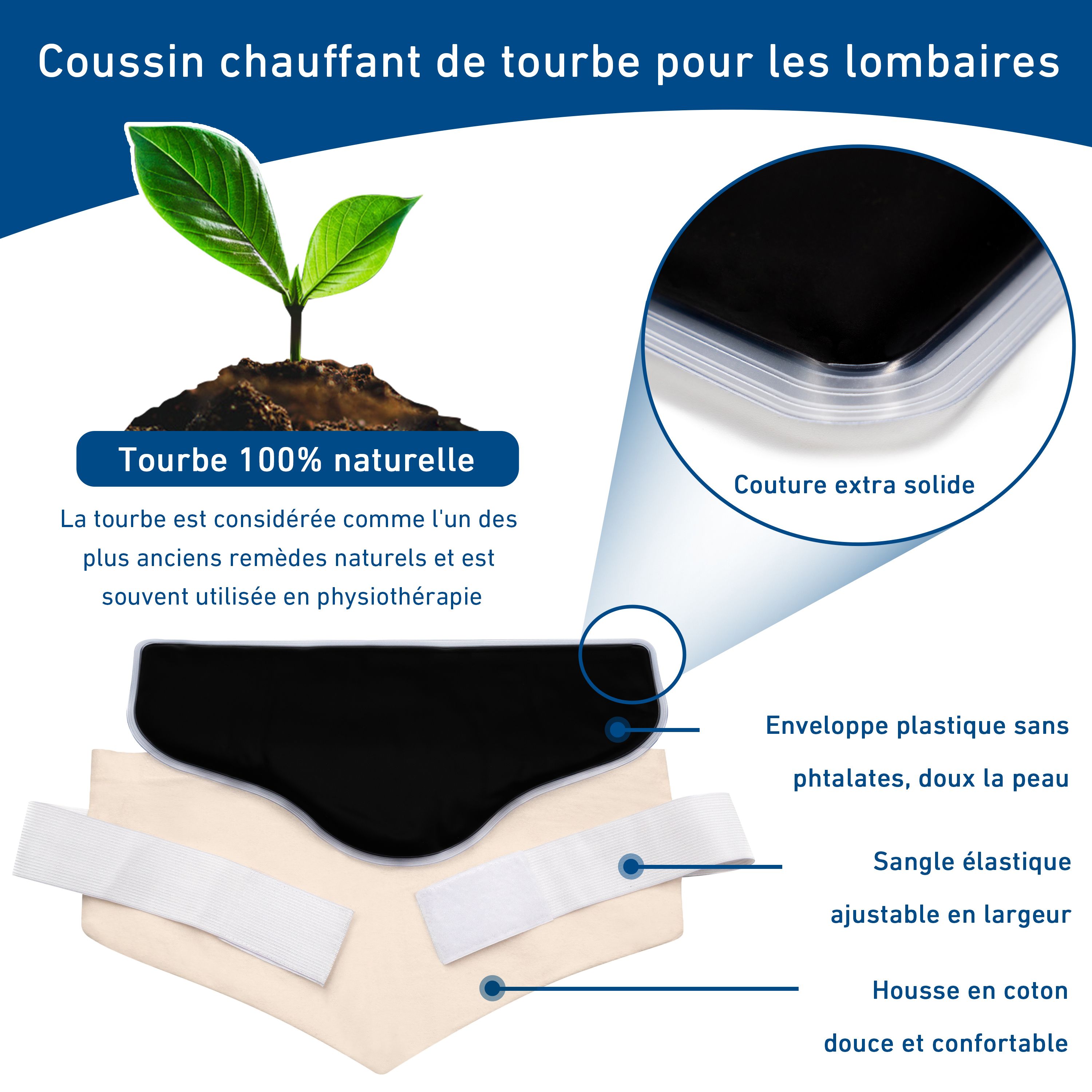 Coussin chauffant lombaire avec garniture de tourbe naturelle. Coussin noir, housse en coton, bandes blanches. Détails : coutures, matériaux.