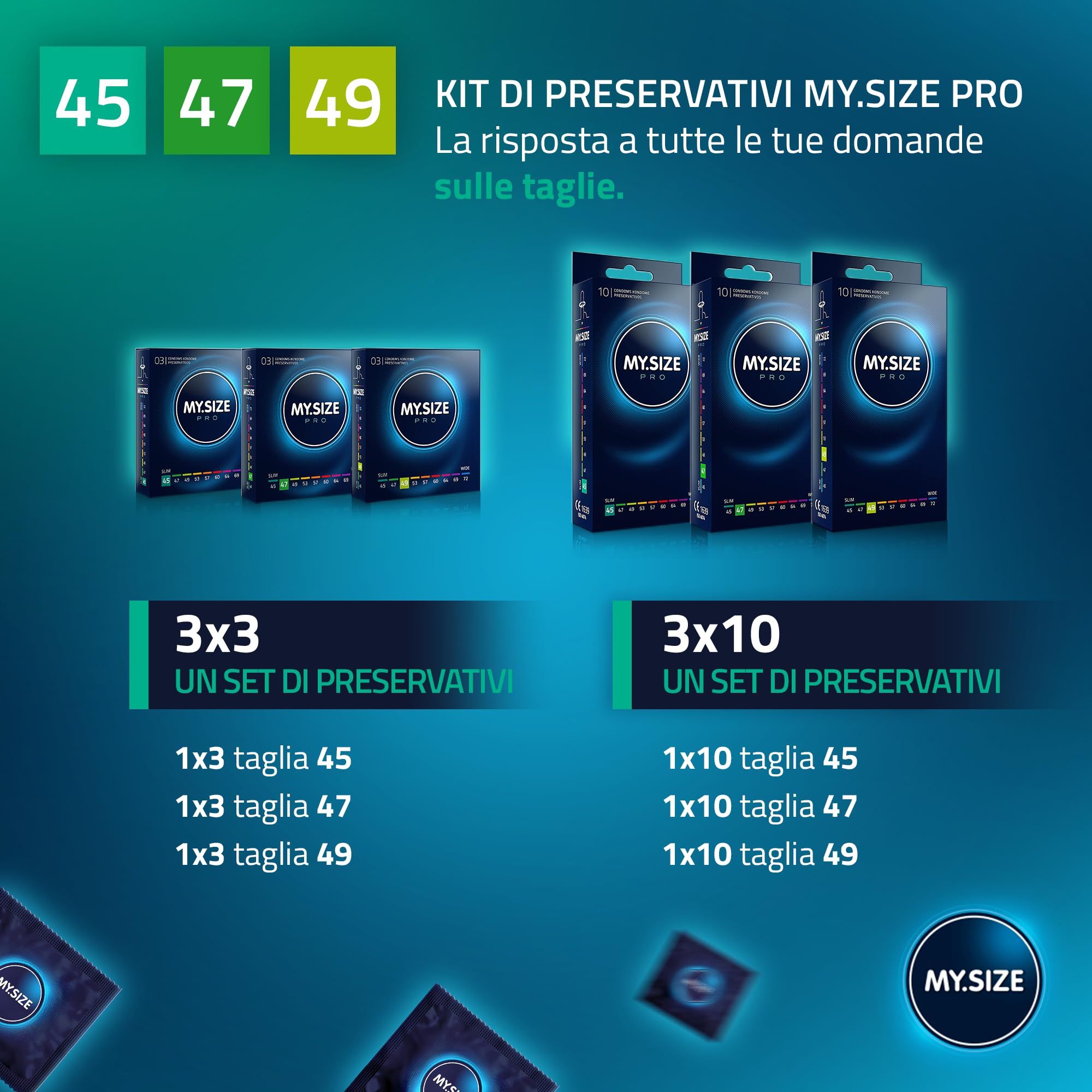 Drie dozen My.Size PRO condooms in de maten 45mm, 47mm en 49mm.