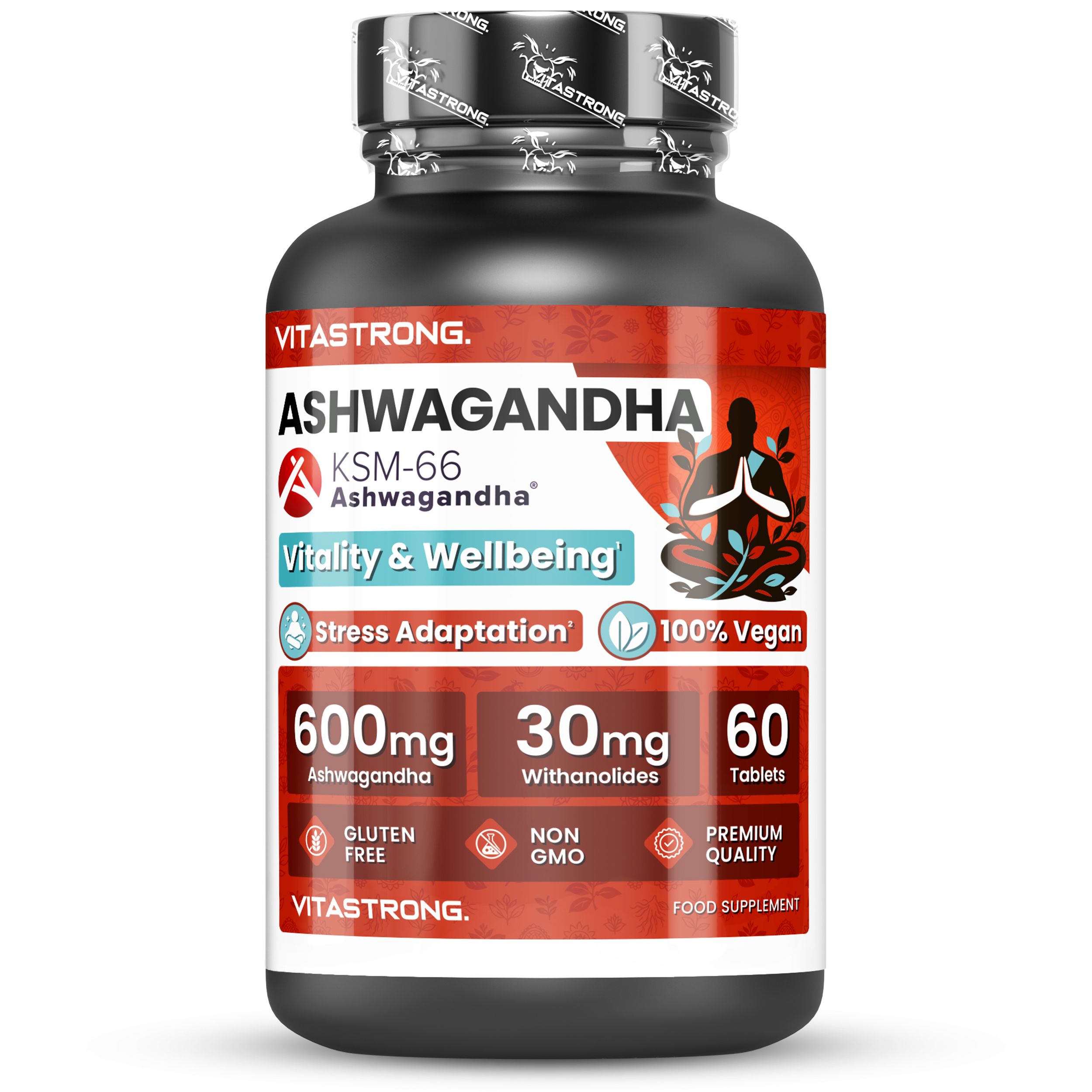 Ashwagandha KSM-66® fles. 60 tabletten. 600mg Ashwagandha. 100% vegan. Zonder gluten en GGO's. Rood etiket.
