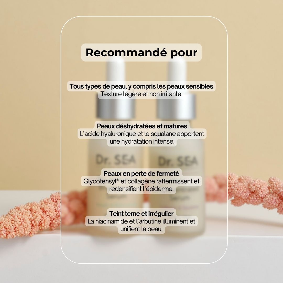 Deux flacons de sérum avec texte. Texte : Dr. SEA, Rejuvenating Brightening Serum, Arbutin & Niacinamide. Avec infographie.