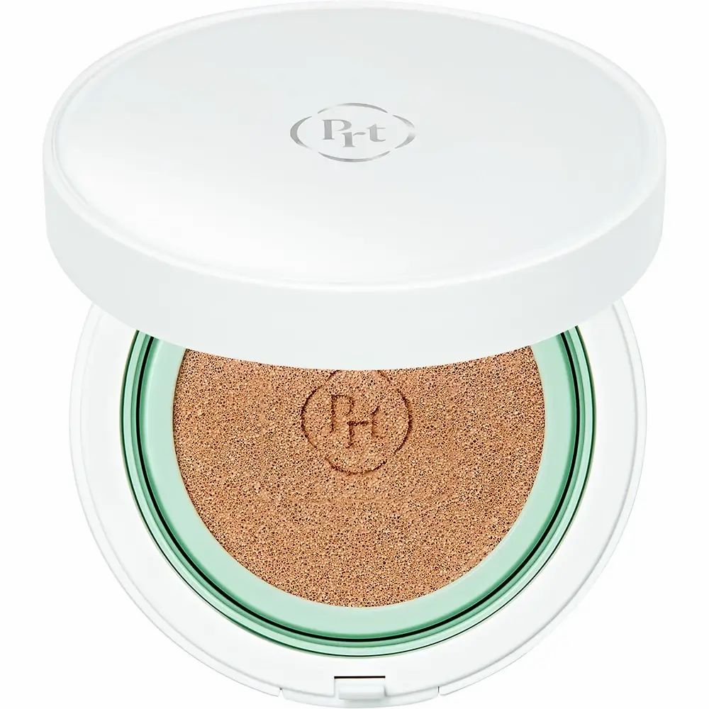 Boîtier rond blanc ouvert. À l'intérieur, coussin teinté. Le produit a une bande intérieure verte et un logo.