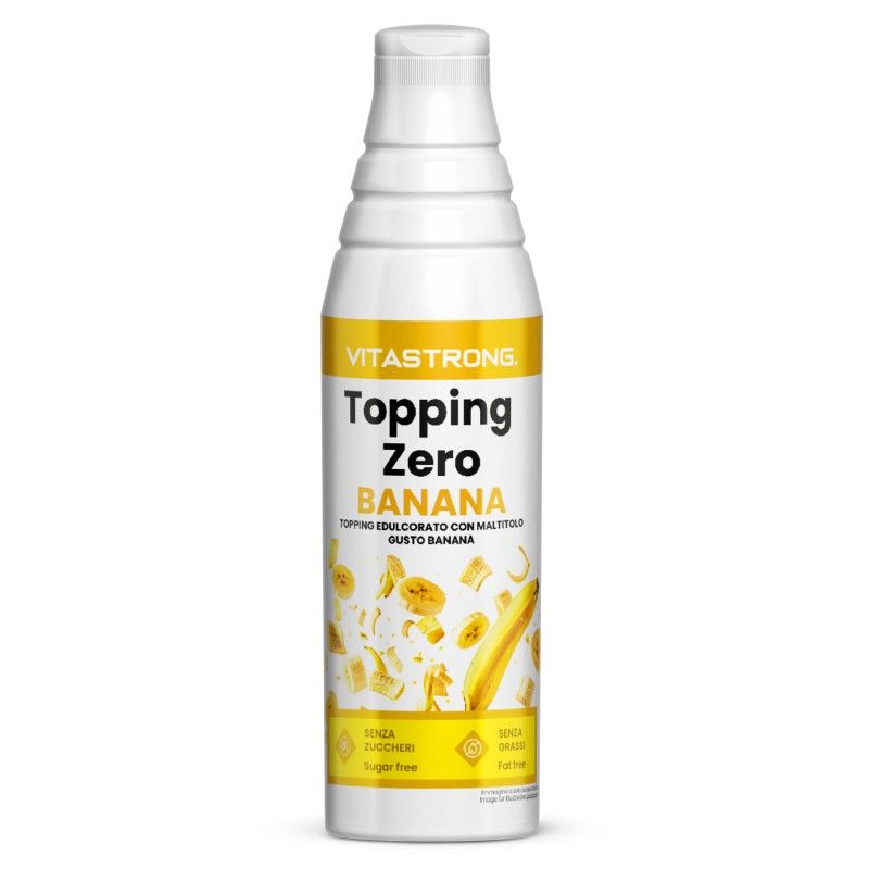 Vitastrong Topping Zero Banana. Witte fles met geel etiket. Productnaam en illustratie van banaan.