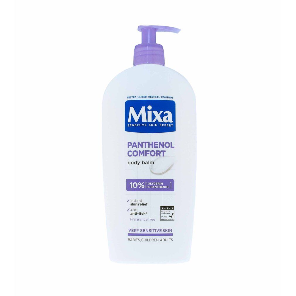 Witte fles met paarse pomp. Opschrift: Mixa, Panthenol Comfort, bodybalsem. Voor zeer gevoelige huid.