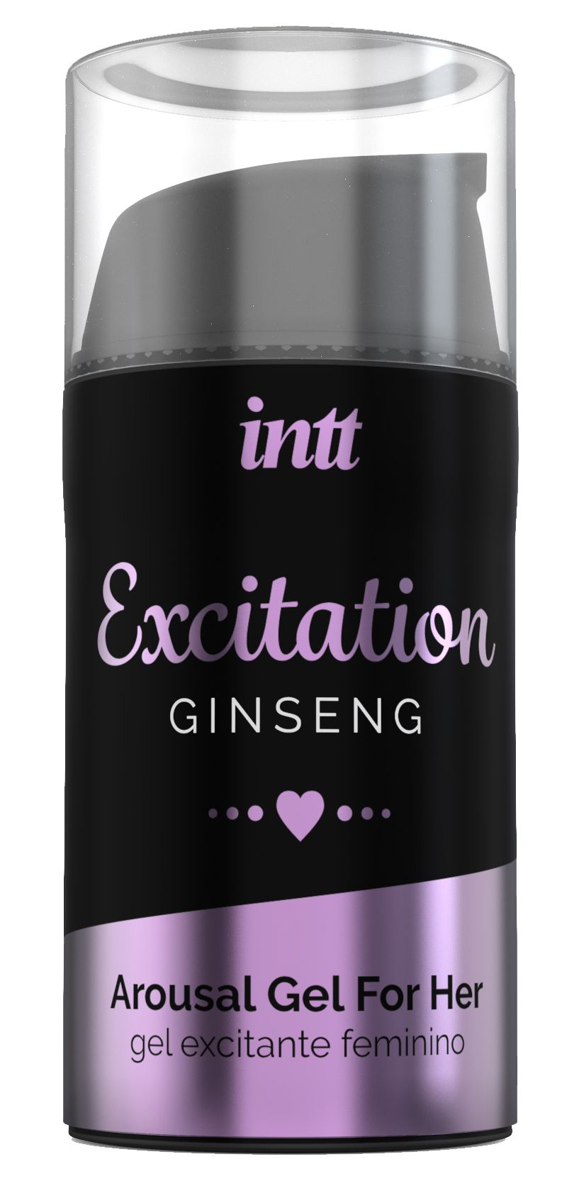 Zwarte cilindrische fles met tekst: intt Excitation GINSENG. Arousal Gel For Her. Met doseerpomp en transparante dop.