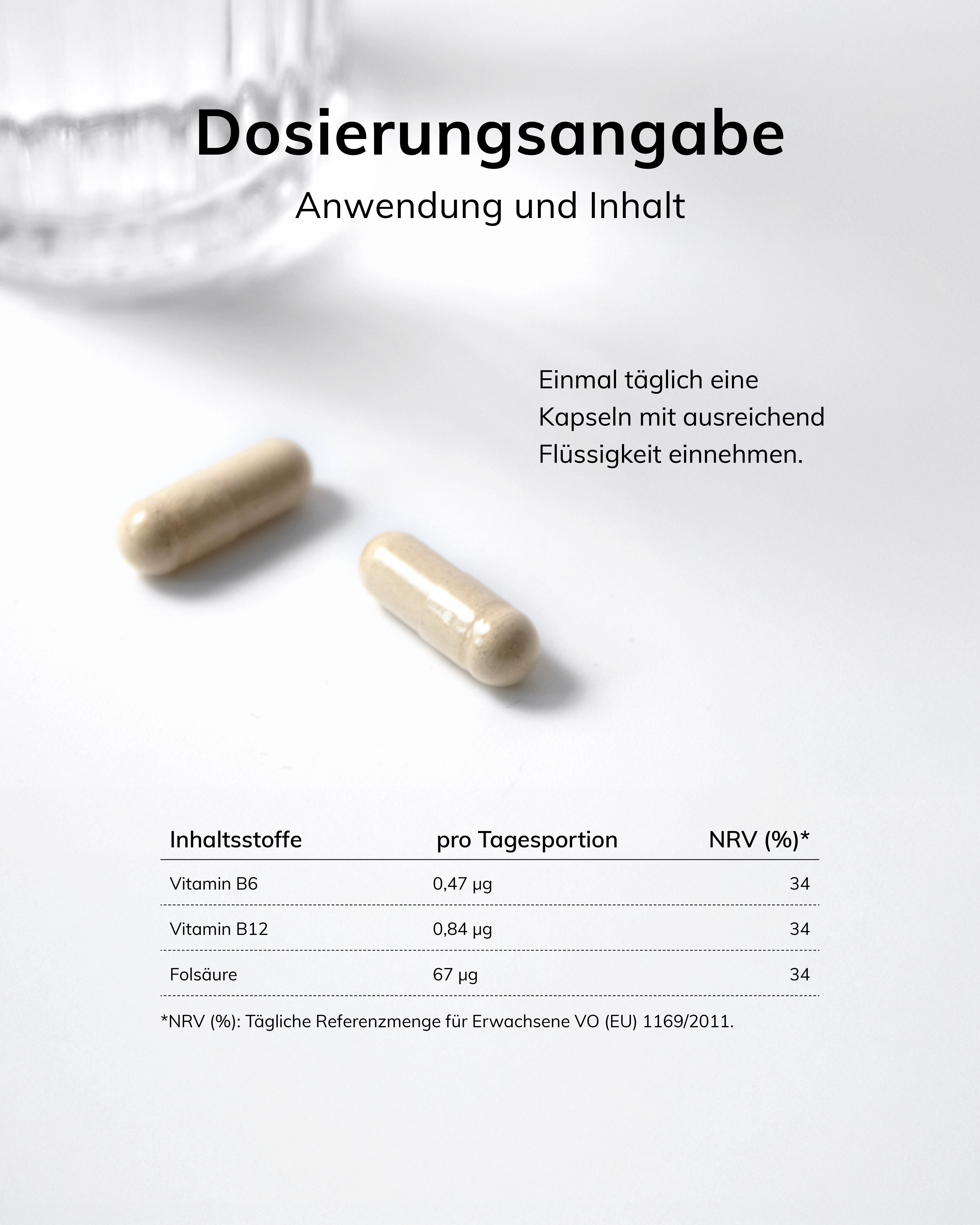 Deux gélules contenant de la vitamine B6, B12 et de l'acide folique. Instructions de dosage et ingrédients.