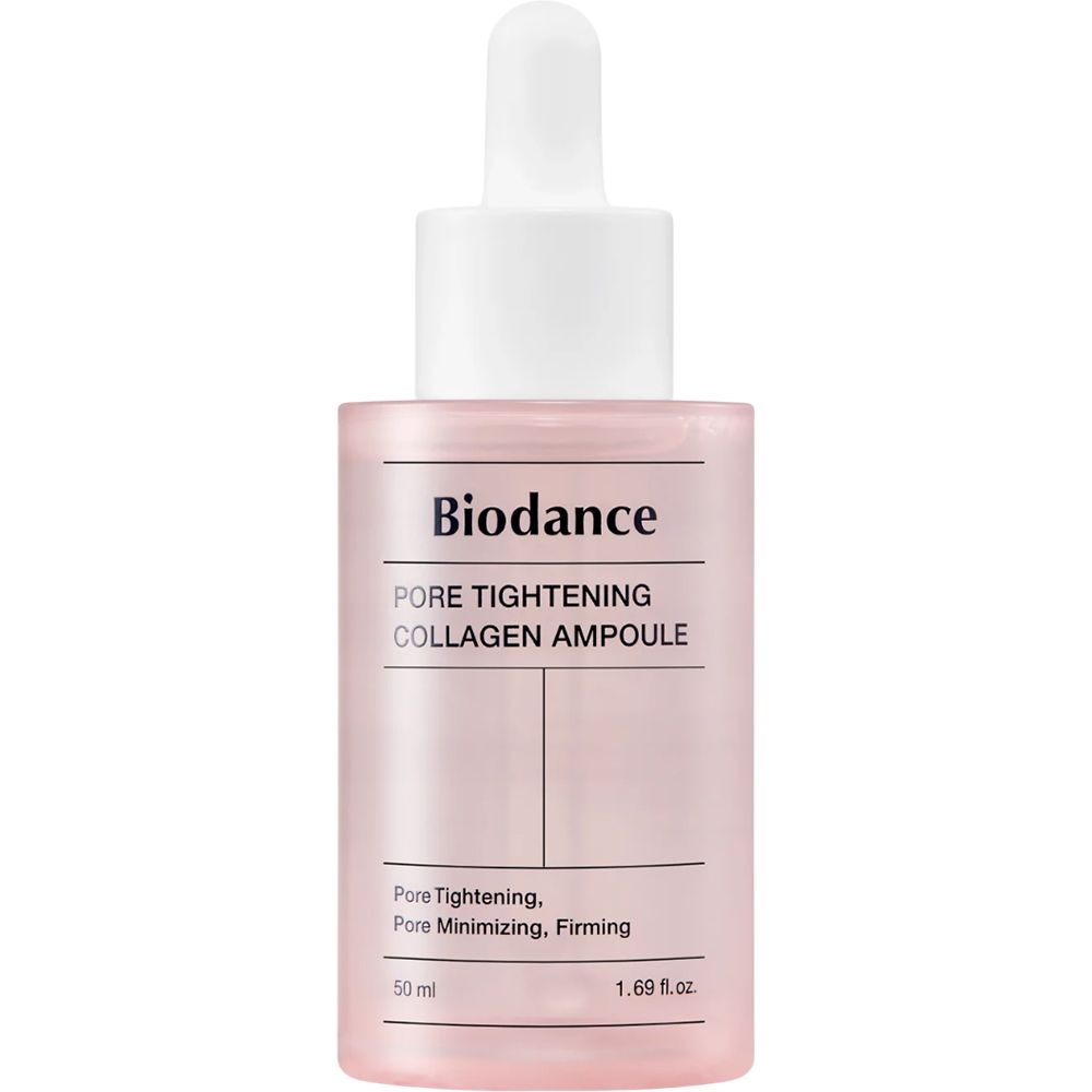 Roze fles met witte dop. Opschrift: Biodance Pore Tightening Collagen Ampoule. Bevat 50 ml.