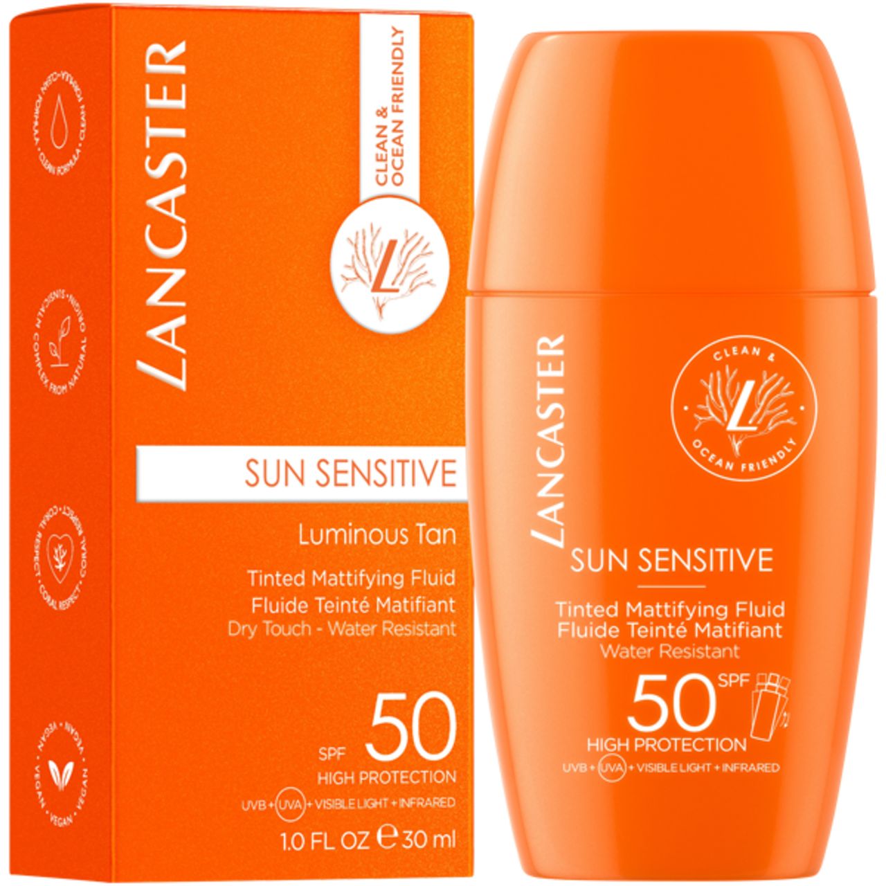 Flacon et emballage du fluide teinté matifiant Lancaster Sun Sensitive SPF50.