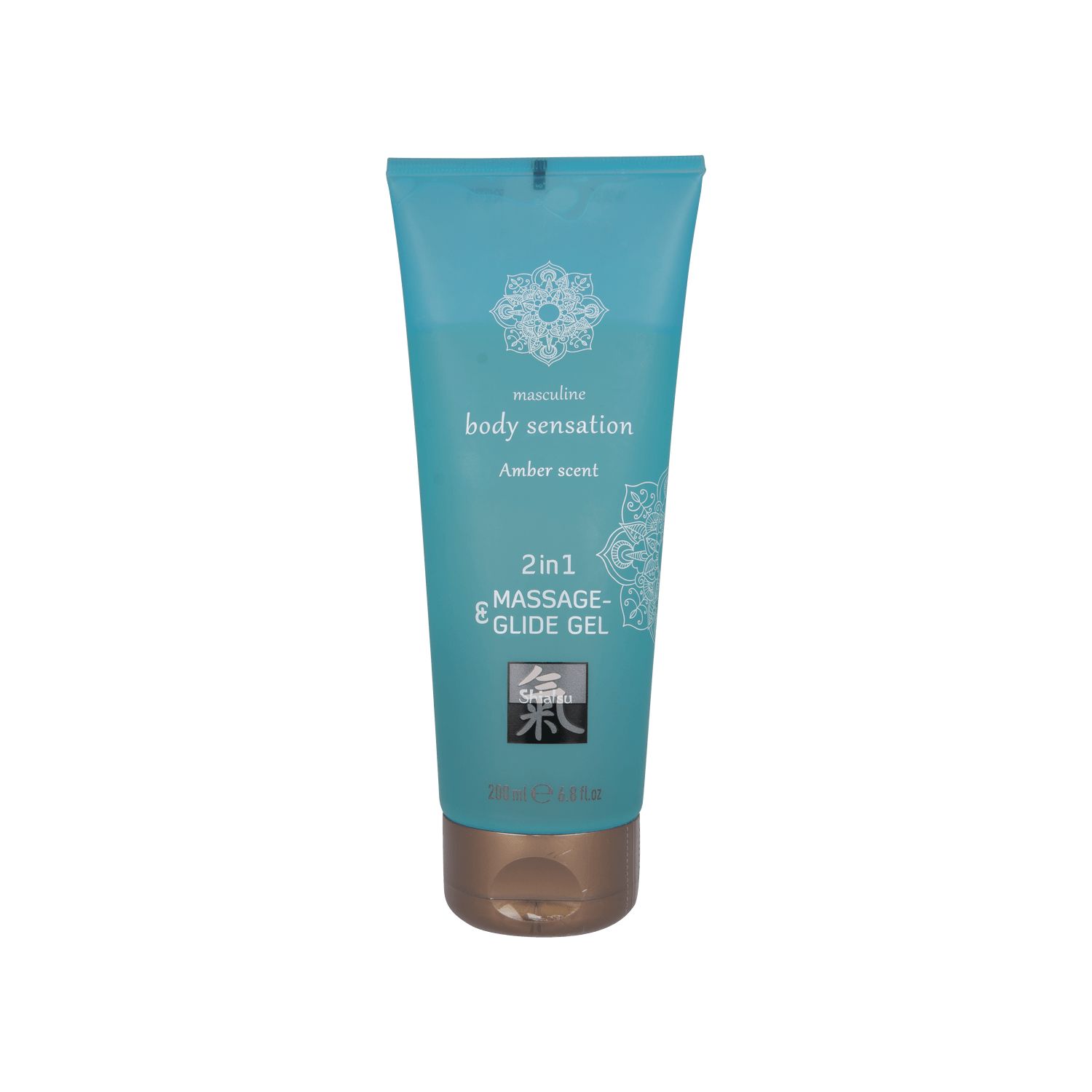 Turquoise tube met 2-in-1 massage- en glijgel, ambergeur.