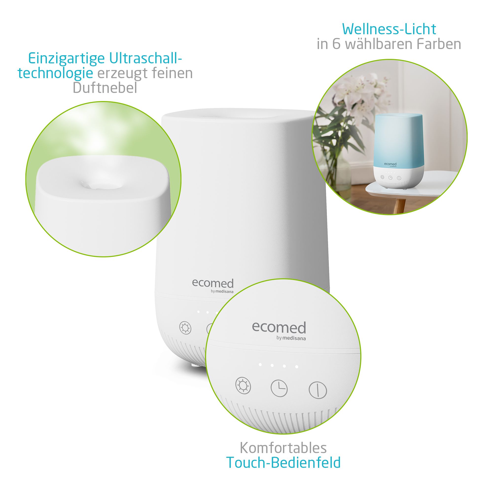 ecomed AD-50E aromadiffuser: ultrasone technologie, touch-bedieningspaneel, wellnesslicht in 6 kleuren.