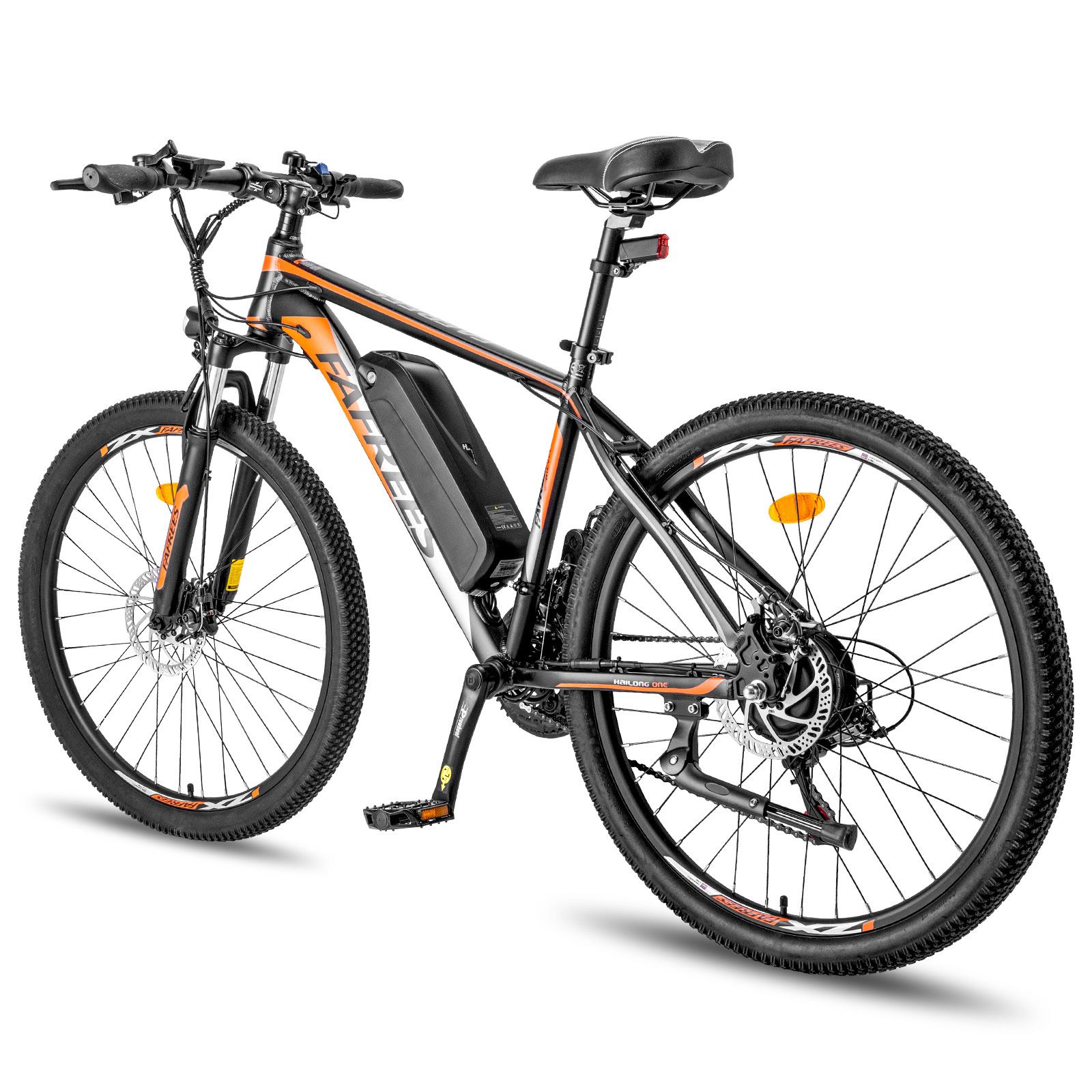 Zwarte mountainbike met oranje accenten. Zichtbaar: batterij, 21 versnellingen, schijfremmen. Opschrift: FAFREES.