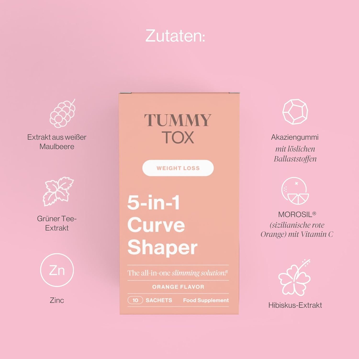 Boîte de Tummy Tox 5-in-1 Curve Shaper. Ingrédients : mûre blanche, thé vert, zinc, gomme d'acacia, Morosil et hibiscus. Saveur orange.