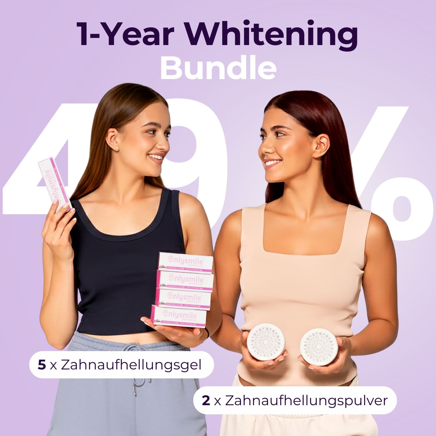 Twee vrouwen met producten. 5 gels, 2 poeders. Tekst: 1-Year Whitening Bundle, 49%.
