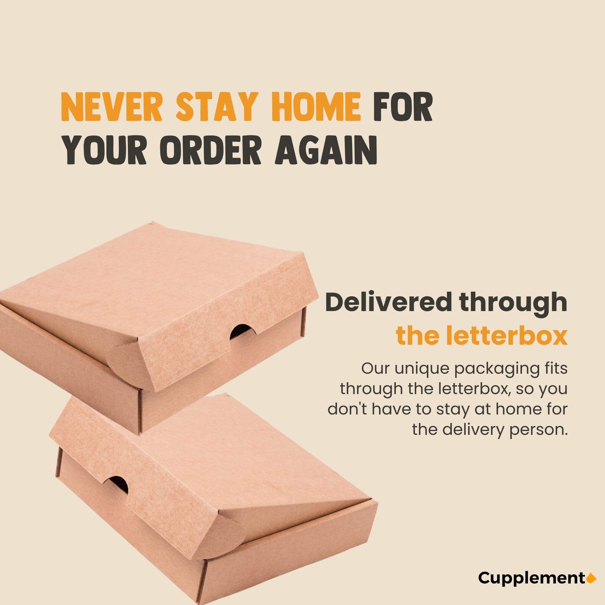 Twee bruine dozen. Tekst: Nooit meer thuis voor je bestelling. Bezorgd via de brievenbus.