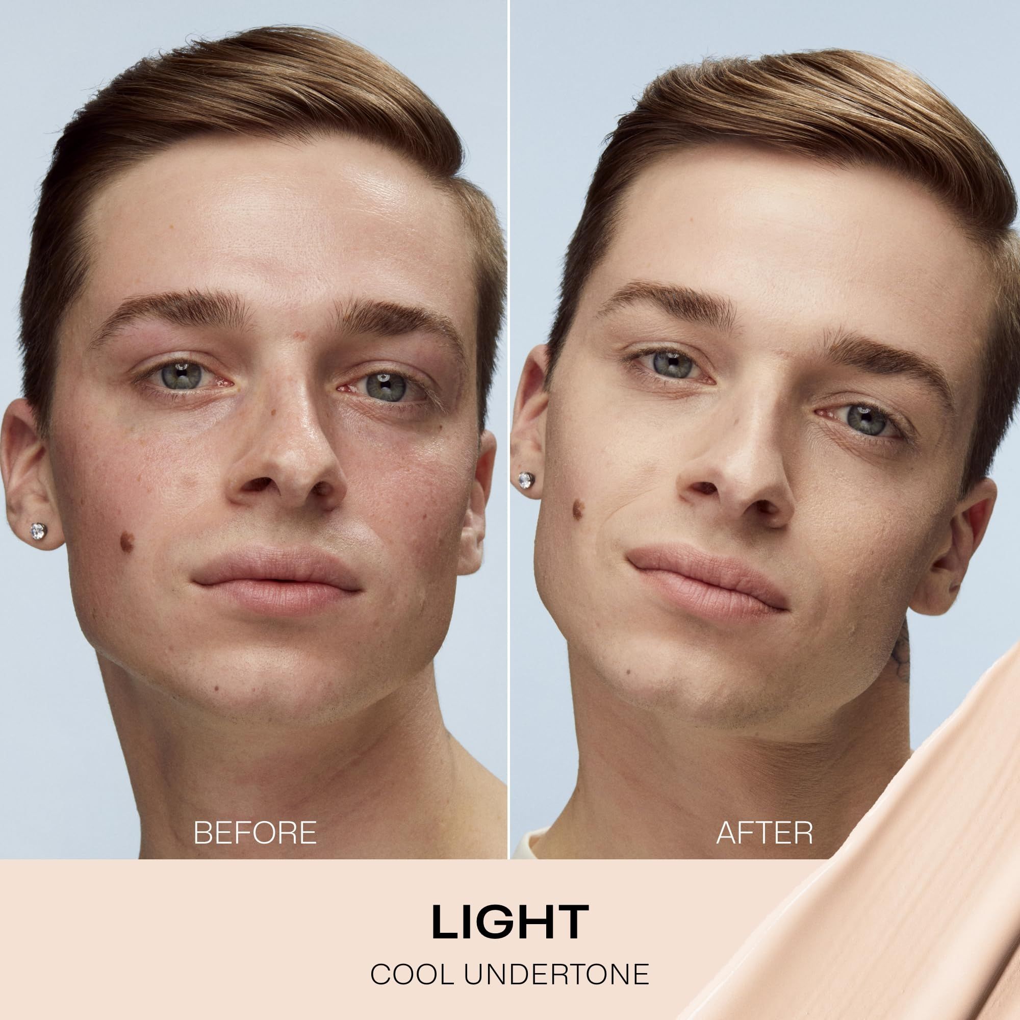Comparaison avant-après. Homme avec imperfections, puis teint uniforme. Texte : Light Cool Undertone.