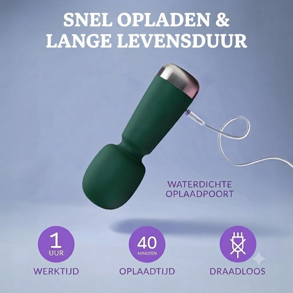 Donkergroen massageapparaat met zilverkleurig accent, USB-oplaadbaar. Waterdichte oplaadpoort.